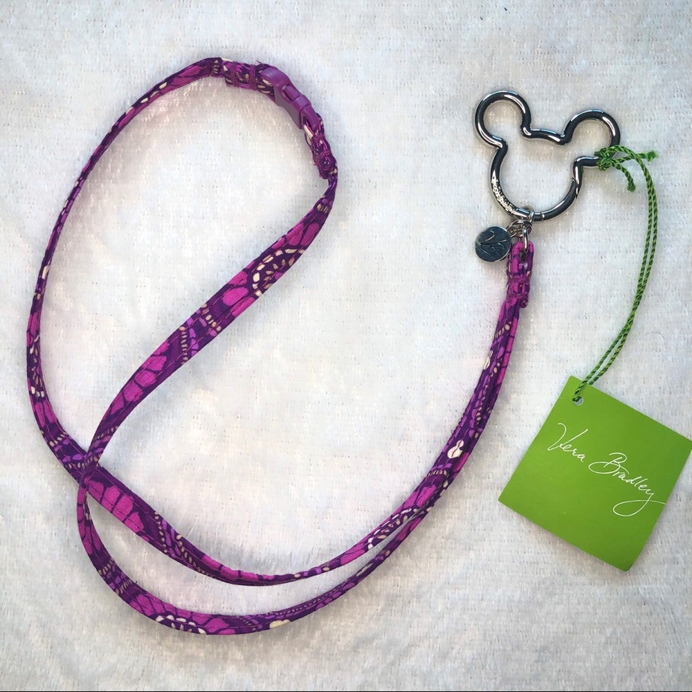 Vera Bradley Purple Floral Lanyard Key & Card Holder with Mickey Keyring